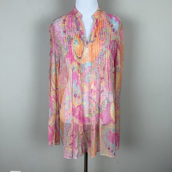 Lauren Ralph Lauren Tunic Top Womens L Floral‎ Pink 100% Silk Long Sleeve Blouse